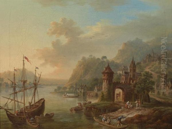 A Rhine Landscape Oil Painting by Franz Hochecker