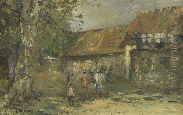 Bauerngehoft Mit Drei Figuren Oil Painting by Rudolf Hockner