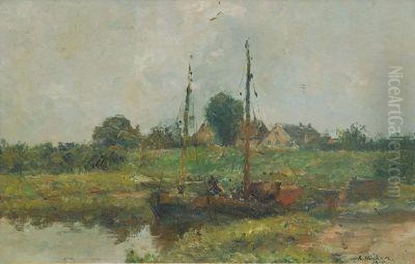 Fischerbote In Kleinem Elbhafen Oil Painting by Rudolf Hockner