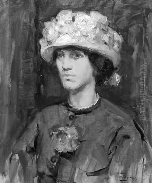 Portrait of a lady with white hat Oil Painting by Maurice Wagemans