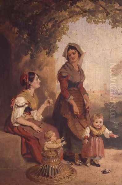 Two Roman ladies and their children Oil Painting by Penry Williams