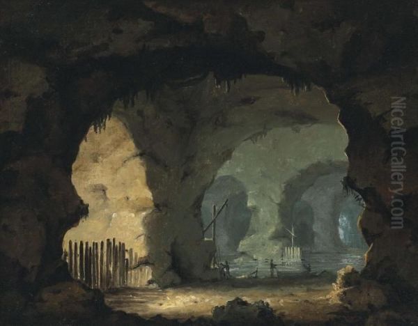 A Sea Cave Interior With Figures And Boats Oil Painting by William Hodges