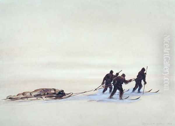 Sledge Hauling on the Great Ice Barrier, 1903 Oil Painting by Edward Adrian Wilson