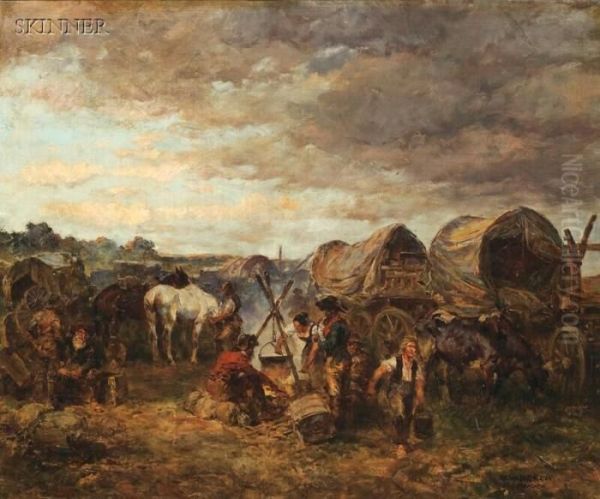 Around The Cooking Fire/encampment With Covered Wagons Oil Painting by Anton Hoffmann