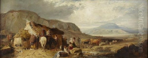 A Highland Landscape With Figures And Animals By A Cottage Oil Painting by Charles Hoguet