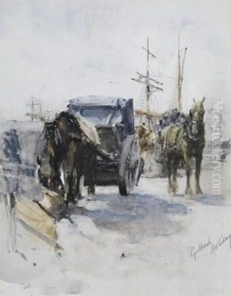 Cart-horses In A Dockland Scene Oil Painting by Gilbert Holiday