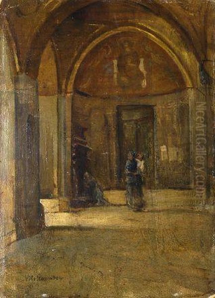 Interno Di Chiesa Con Madre E Figlio Oil Painting by Alfons Hollaender