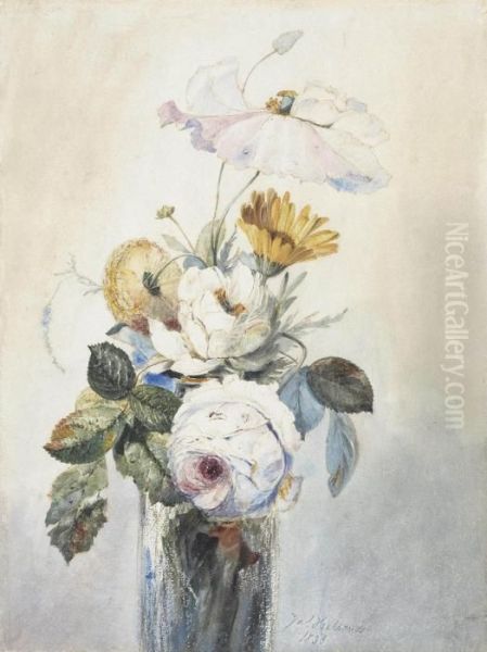 Peonies, A Poppy And Marigolds In A Glass Vase Oil Painting by James Holland