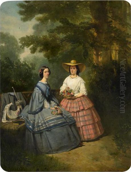 Portrait Of Two Sisters In The Park. Oil Painting by Hendrik Hollander Cz