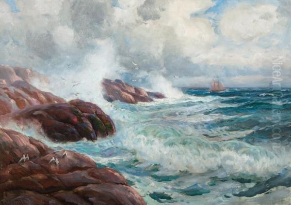 Kystlandskap Med Seilbater Og Sjofugl Oil Painting by Thorolf Holmboe