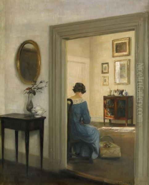 Interior Med Sittande Kvinna Oil Painting by Carl Vilhelm Holsoe