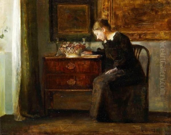 Interior Med Lasande Kvinna Oil Painting by Carl Vilhelm Holsoe