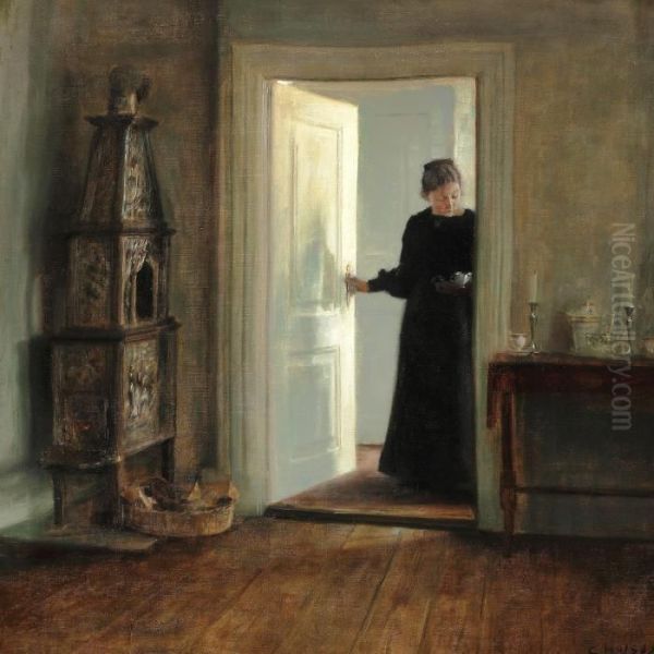 Interior With The Painter's Wife In A Doorway Oil Painting by Carl Vilhelm Holsoe