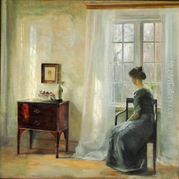 Interior With A Woman Sitting At The Window In A Sunlit Room Oil Painting by Carl Vilhelm Holsoe