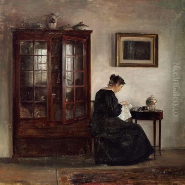 Interior With A Woman At Her Needlework Oil Painting by Carl Vilhelm Holsoe