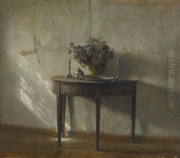 A Sunlit Interior Oil Painting by Carl Vilhelm Holsoe