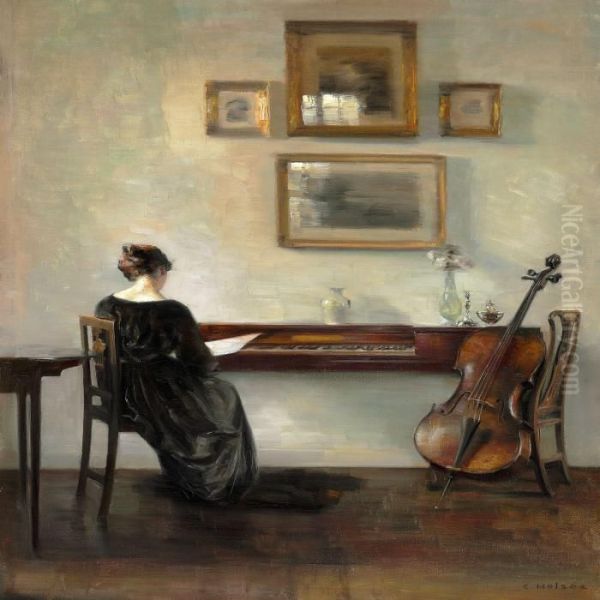 Interior With A Woman Seen From Behind Oil Painting by Carl Vilhelm Holsoe