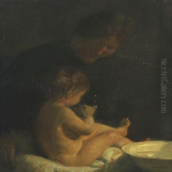 Mother Bathing Her Child Oil Painting by Carl Vilhelm Holsoe