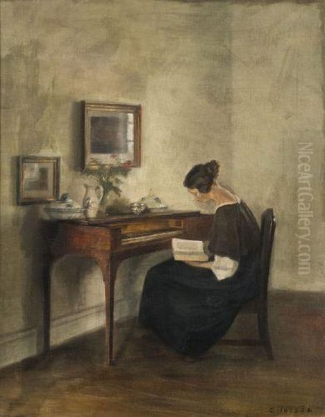 La Lecture Devant Le Piano Forte Oil Painting by Carl Vilhelm Holsoe