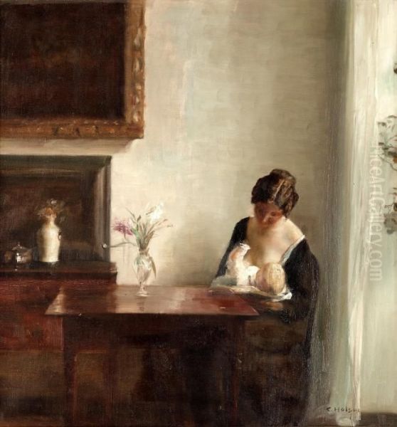 Interior With Woman And Child Oil Painting by Carl Vilhelm Holsoe