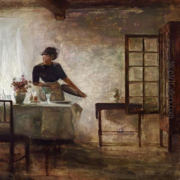 Interior With The Artist's Wife Standing At The Lunchtable Oil Painting by Carl Vilhelm Holsoe