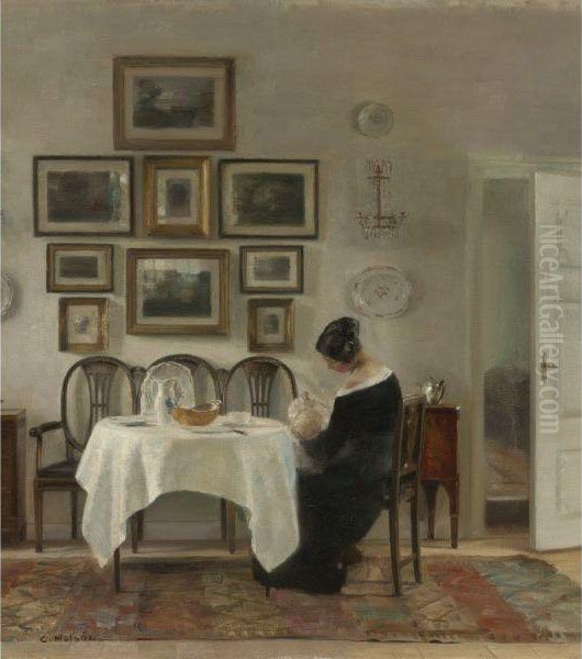 Mother And Child At The Table Oil Painting by Carl Vilhelm Holsoe