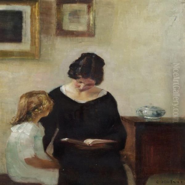 Interior With A Mother Reading Aloud To Her Daughter Oil Painting by Carl Vilhelm Holsoe