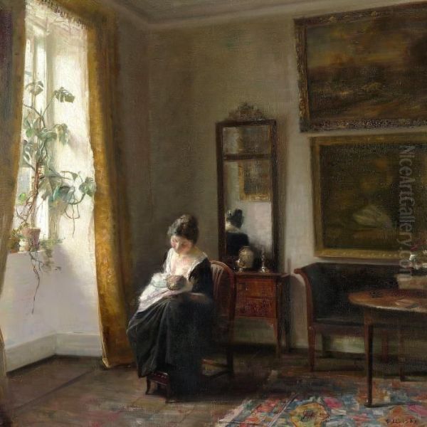 Mother And Child At The Window In The Living Room Oil Painting by Carl Vilhelm Holsoe