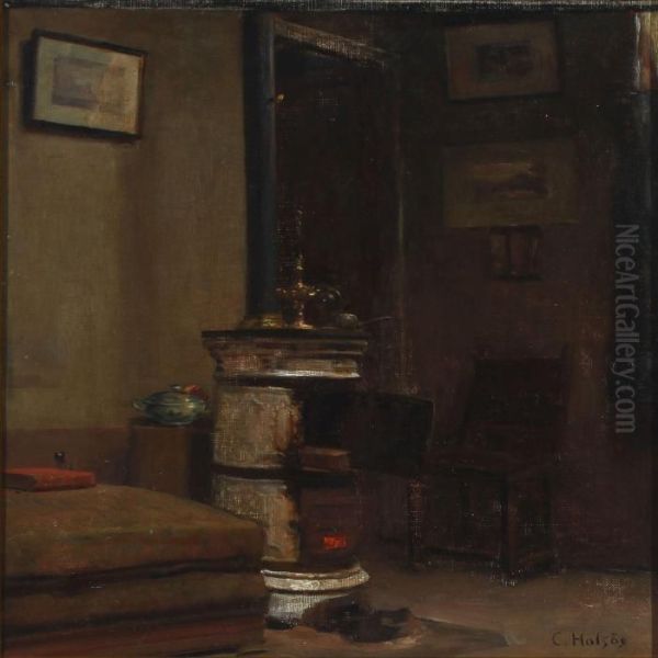 Interior With An Open Fireplace Oil Painting by Carl Vilhelm Holsoe