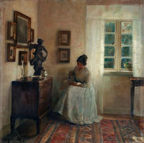 Interior With A Reading Lady Oil Painting by Carl Vilhelm Holsoe