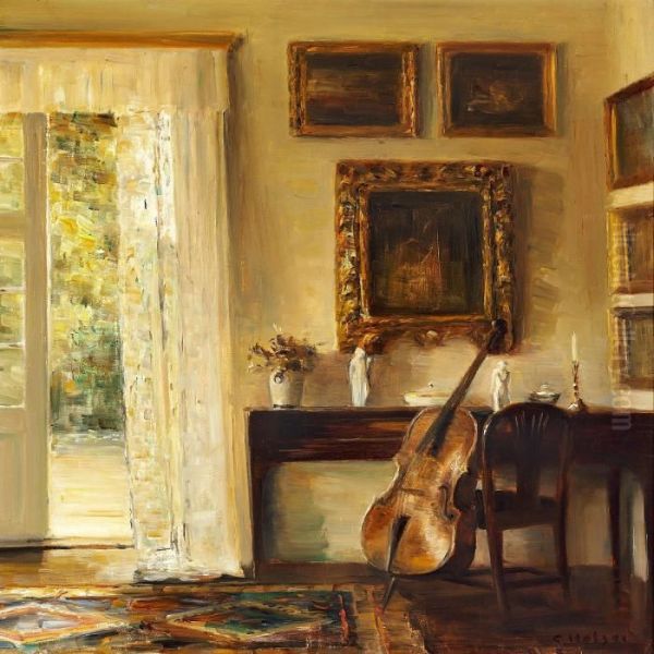 Interior With A Cello, Small Piano And An Open Door To Thegarden Oil Painting by Carl Vilhelm Holsoe