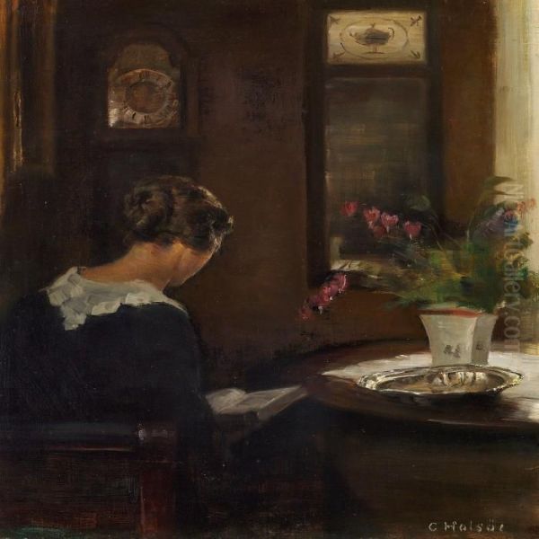 Interior With The Artist's Wife Reading Oil Painting by Carl Vilhelm Holsoe