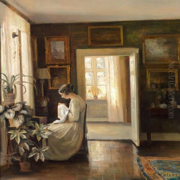 Interior With The Artist's Wife Sitting At The Window Oil Painting by Carl Vilhelm Holsoe