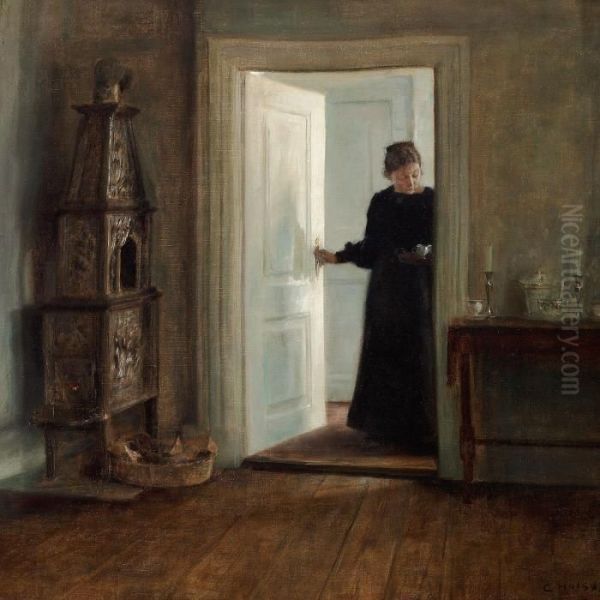 The Artist's Wife With A Tray In A Doorway Oil Painting by Carl Vilhelm Holsoe