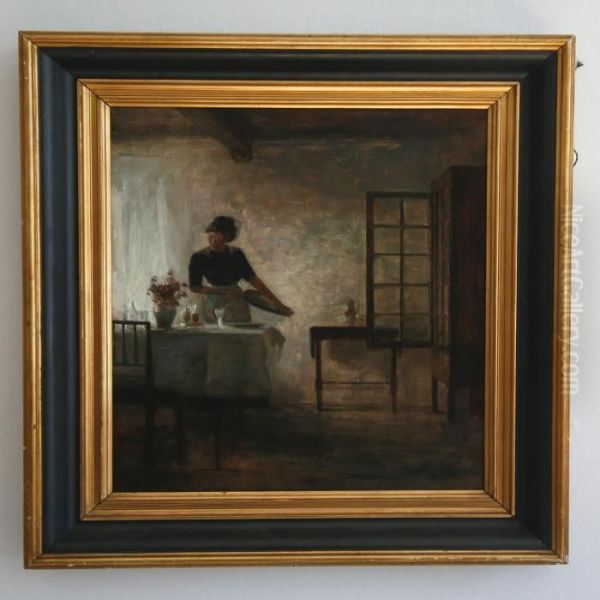 Interior With A Woman Holding A Tray Oil Painting by Carl Vilhelm Holsoe