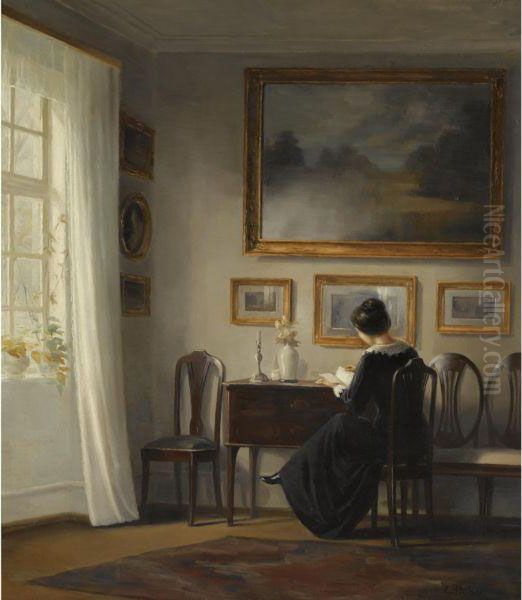 Kvinde Der Sidder I Dagligstuen (lady Seated In A Drawing Roominterior) Oil Painting by Carl Vilhelm Holsoe