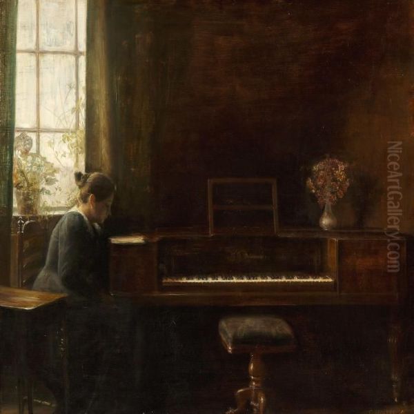 Interior With A Woman Atthe Piano Oil Painting by Carl Vilhelm Holsoe