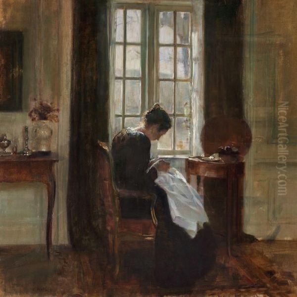 The Artist's Wife Sewing Near The Window Oil Painting by Carl Vilhelm Holsoe