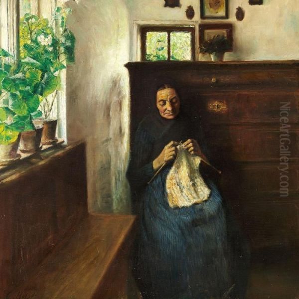 Interior With A Woman Knitting Oil Painting by Carl Vilhelm Holsoe