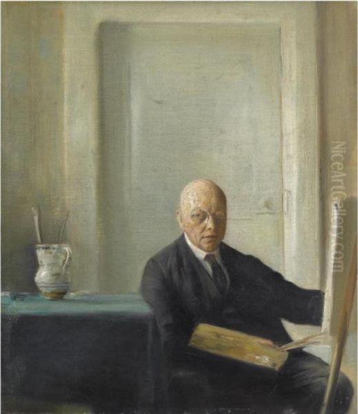 Kunstneren Ved Sit Staffeli (self Portrait) Oil Painting by Carl Vilhelm Holsoe