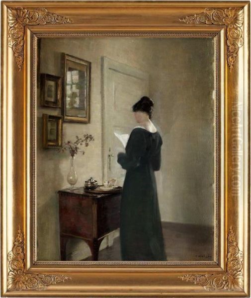 Interior Med Lasande Kvinna Oil Painting by Carl Vilhelm Holsoe