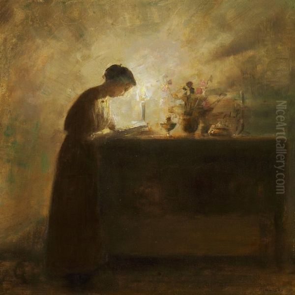 Interior With A Woman Reading By The Candlelight Oil Painting by Carl Vilhelm Holsoe