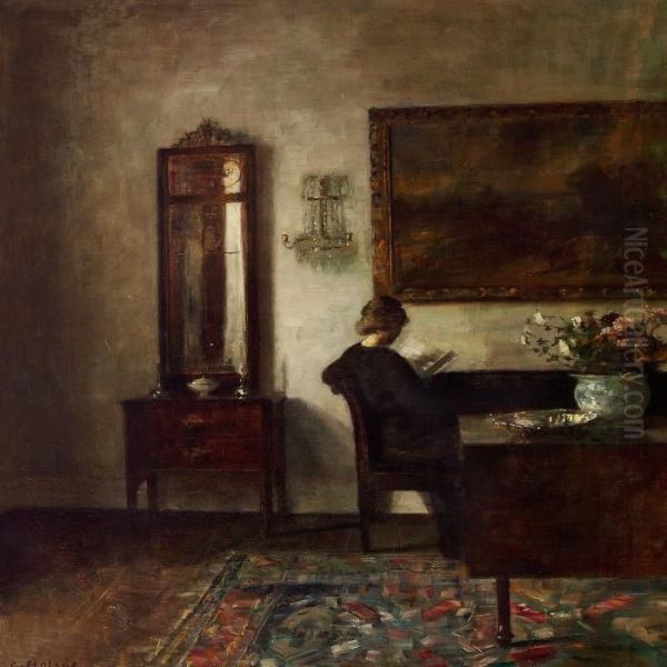 Interior With A Woman In A Black Dress Reading Oil Painting by Carl Vilhelm Holsoe