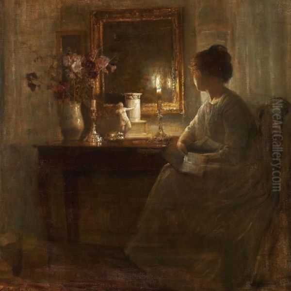 Interior With A Woman Sitting In The Candlelight In Front Of A Mirror Oil Painting by Carl Vilhelm Holsoe