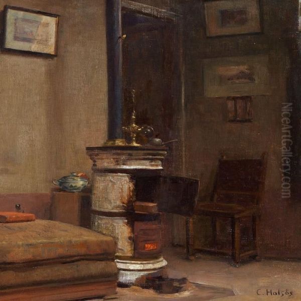 Interior With An Open Stove Oil Painting by Carl Vilhelm Holsoe