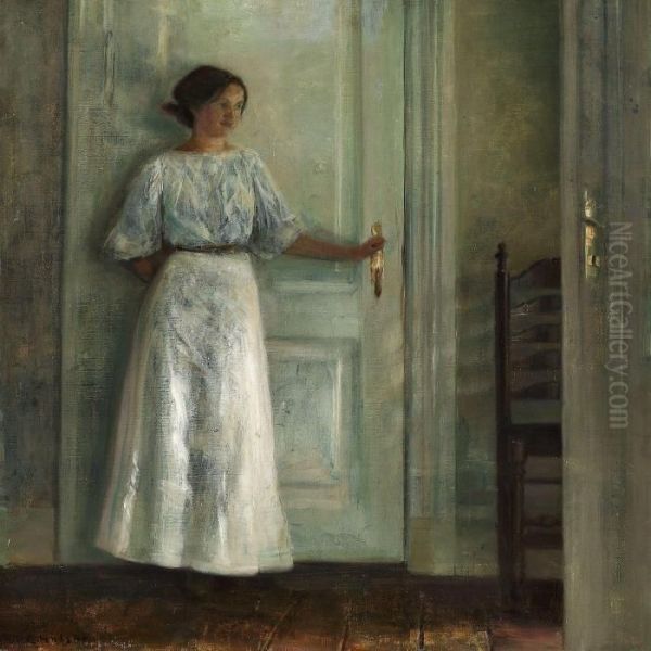 Interior With The Artist'swife In A White Dress Oil Painting by Carl Vilhelm Holsoe