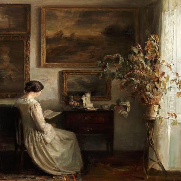 Interior With A Readingwoman Dressed In White Oil Painting by Carl Vilhelm Holsoe