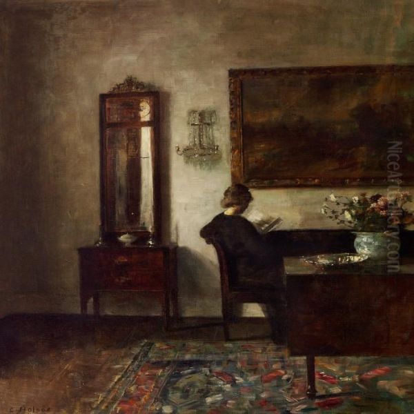 Interior With A Woman In Ablack Dress Reading Oil Painting by Carl Vilhelm Holsoe