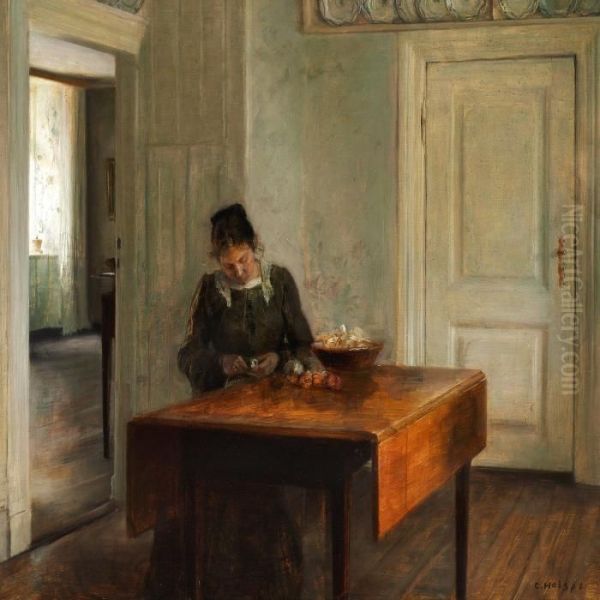 Interior With A Womanpeeling Apples Oil Painting by Carl Vilhelm Holsoe