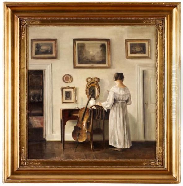 Interior Med Lasande Kvinna Oil Painting by Carl Vilhelm Holsoe